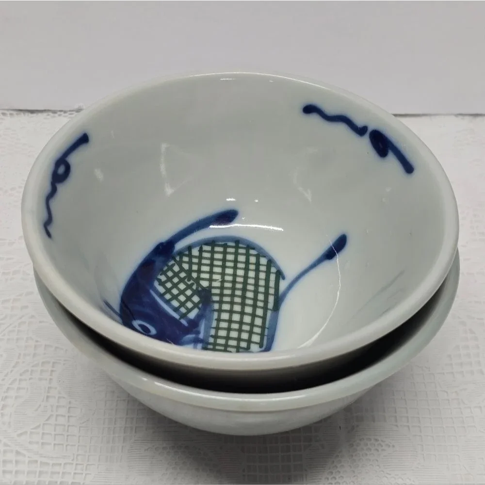 Vintage Asian Koi Catfish Carp Fish Porcelain Handpainted Rice Bowls Set Of 2